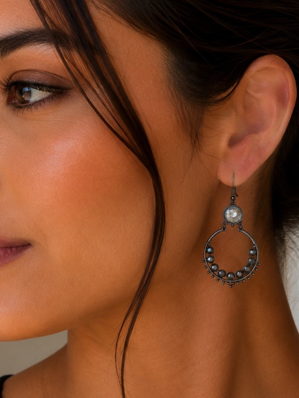 Gunmetal Silver Gray Rhinestone Beaded Hoop Earrings